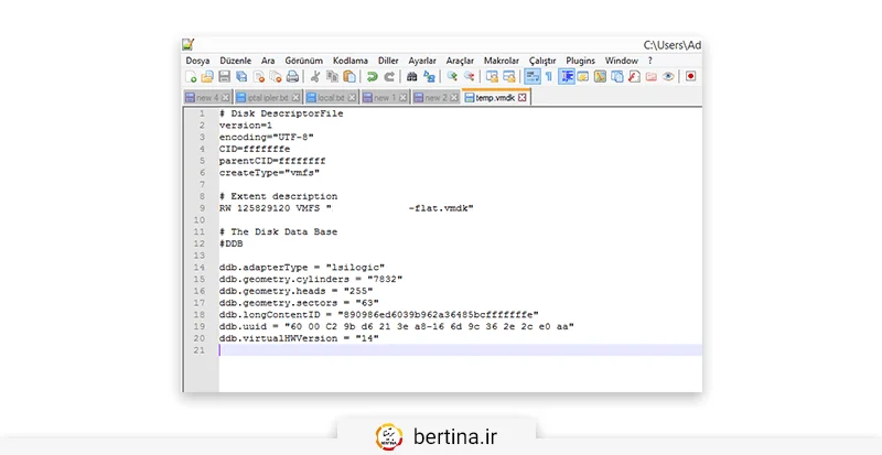 فایل temp.vmdk را با یک ویرایشگر متن مثل notepad++ باز کنید