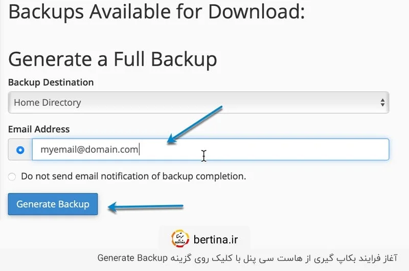 تنظیمات بکاپ در سی‌پنل و کلیک روی Generate Backup