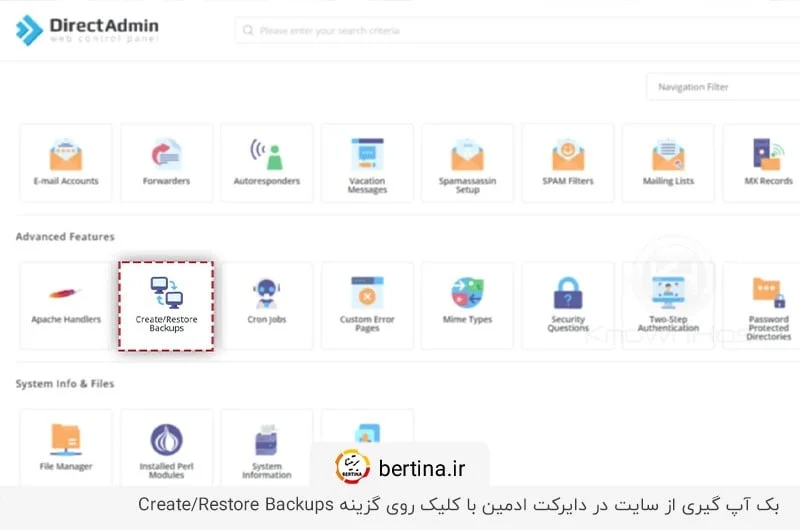 شروع بکاپ گیری از هاست در دایرکت ادمین - گزینه Create/Restore Backups