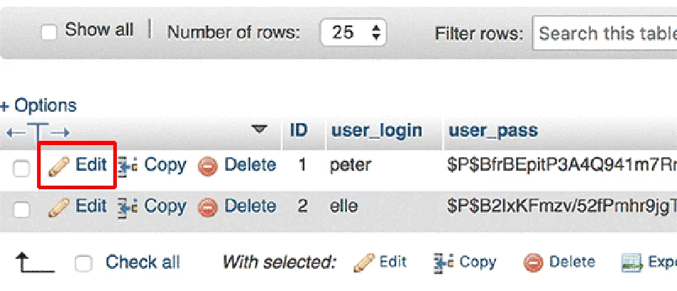 ویرایش پسورد در phpmyadmin