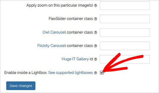 فعال کردن لایت باکس در پلاگین WP Image Zoom