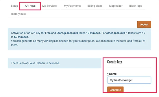 Generate API Keys in OpenWeatherMap