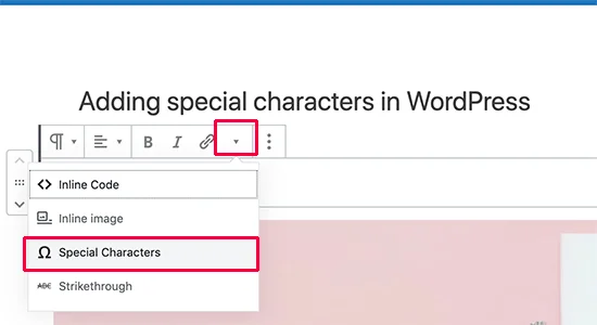 Open special characters menu in block editor