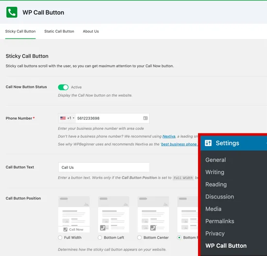 تنطیمات پلاگین WP call button وردپرس