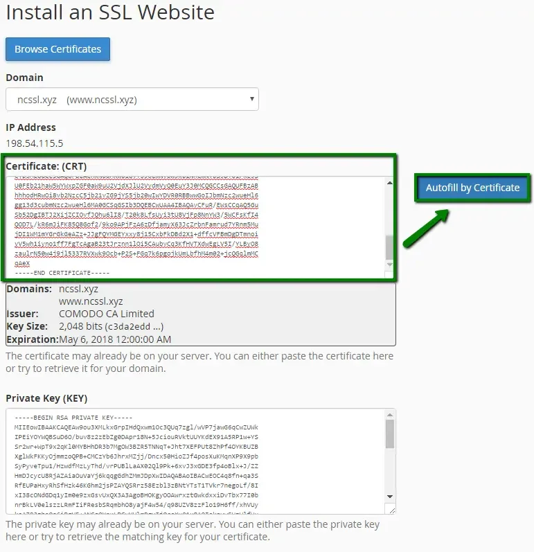 صفحه نصب SSL در cPanel با فیلدهای Certificate و Private Key