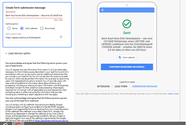 تنظیمات افزونه lead form گوگل ادز