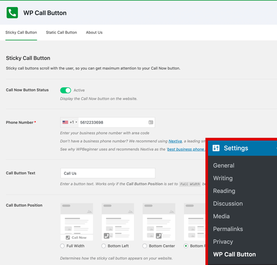 تنطیمات پلاگین WP call button وردپرس