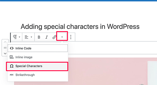 Open special characters menu in block editor