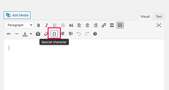 Special characters button in the old editor