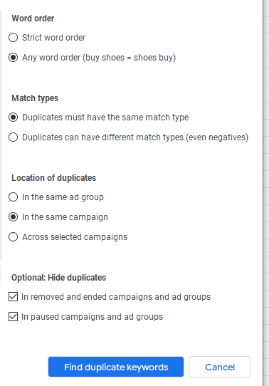Find duplicate keywords option in Google Ads Editor