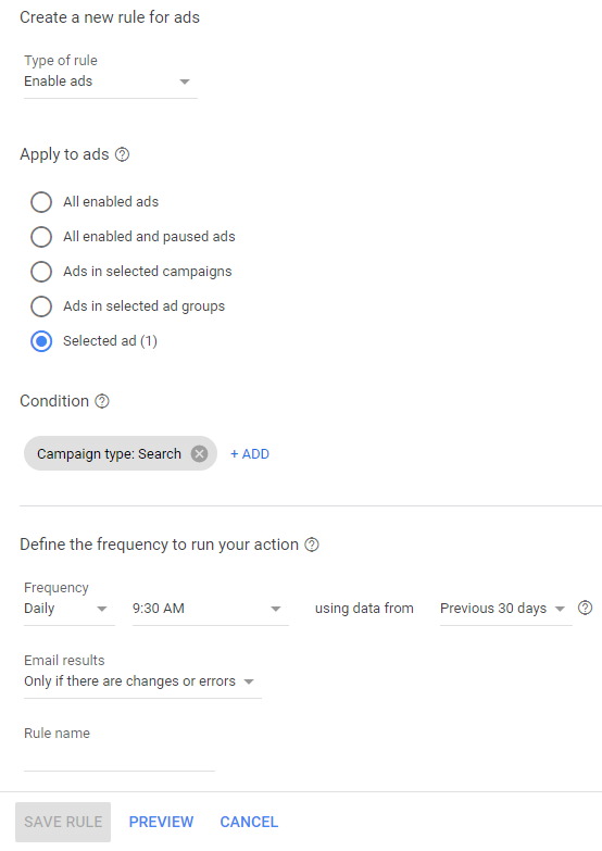 automated rule options in google ads