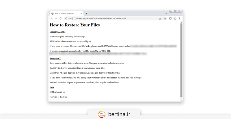 نمونه فرمت متن ساده قربانیان بدافزار ESXiArgs دو فایل دیگر به نام‌های ranson.html و How to Restore Your Files.html روی سرورهای آلوده