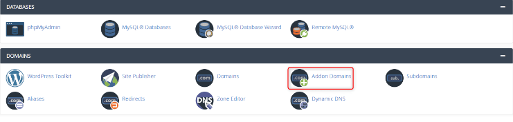 ۲. از بخش Domains، روی Addon Domains کلیک کنید.